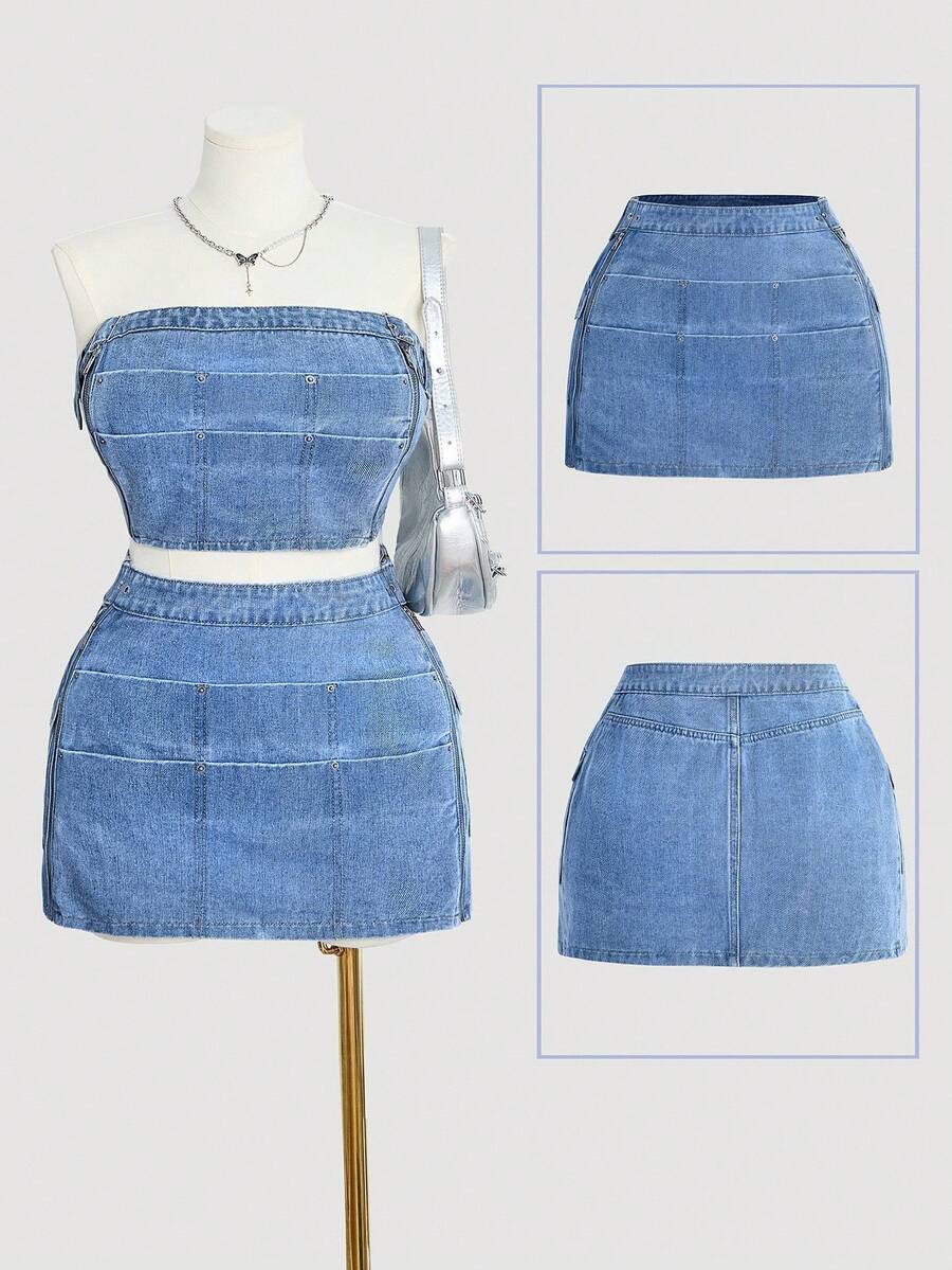 SHEIN MOD Plus Size Women's Casual Non-Stretch Denim Mini Skirt, Summer - Blue - View 1