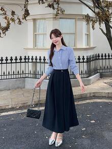 DAZY Đầm dài tay kiểu Hàn Quốc kẻ sọc phối vải dành cho nữ. - Màu xanh lam - Xem 6