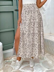 SHEIN Frenchy Women's Floral Printed Elastic High Waist Side Slit Skirt With Ruffle Trim,Bridgerton Winter