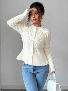 Selianne Autumn Elegant Off-White Soft Cable Knit Cardigan,Korean Style Single-Breasted Waist Cinched Ruffle Button Front Top,Minimalist Loose Brunch Sweater - Beige - View 1