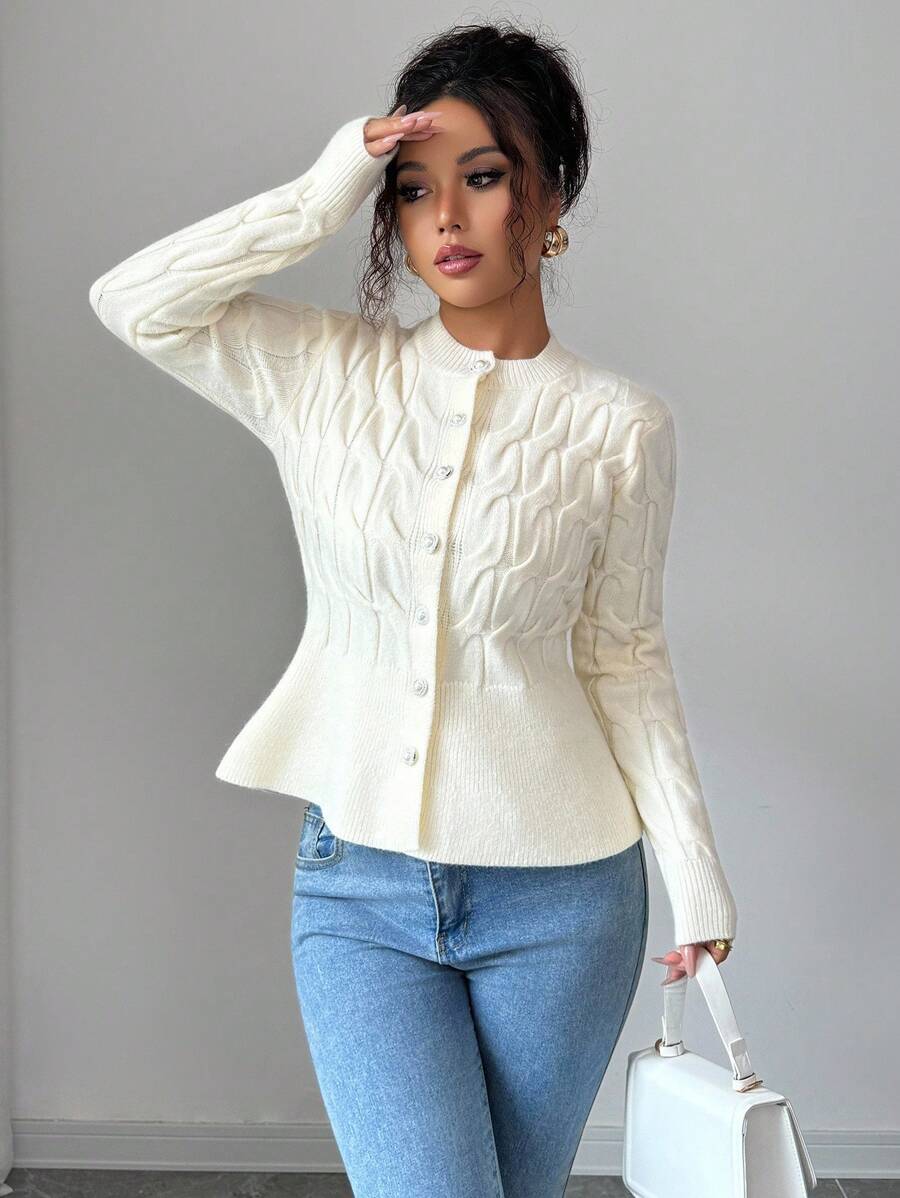 Selianne Autumn Elegant Off-White Soft Cable Knit Cardigan,Korean Style Single-Breasted Waist Cinched Ruffle Button Front Top,Minimalist Loose Brunch Sweater - Beige - View 1