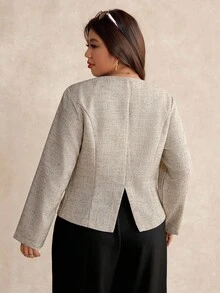 Elaquor 大码女式休闲时尚金属纽扣夹克 - 卡其色 - 查看 2