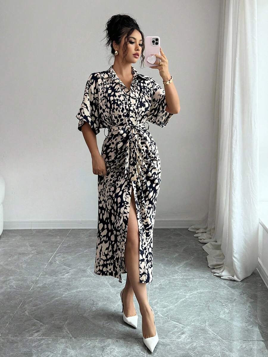 SHEIN Clasi Đầm Maxi Tay Cánh Dơi In Họa Tiết Toàn Thân Có Thắt Lưng Cho Nữ - Nhiều màu - Xem 1
