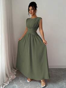 Elenzga 女士优雅简约高端纯色圆领复古腰部镂空短款交叉褶皱 A 字形无袖长裙，适合办公室、通勤、海滩、度假、音乐节、春夏季 - 軍綠色 - 查看 7