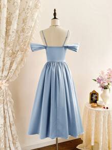 Vintamour 复古优雅缎面仿珍珠项链露肩连衣裙，女士正式派对节日服装，女士夏季连衣裙，女士夏季服装，女士夏季连衣裙，女士夏季度假服装，女士婚礼宾客礼服，女士生日礼服，夏季服装，女士生日服装，度假礼服，女士紧身胸衣连衣裙，夏季连衣裙，女士派对礼服，女士节日服装，女士早午餐服装 - 藍色 - 查看 5