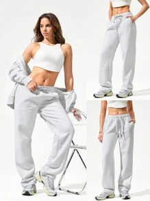 GLOWMODE 30'' Everyday Fleece Wide Leg Adjustable Drawstring Waist Basic Joggers Sweatpants With Side Pockets Daily Casual Fall Winter - Light Grey - View 7