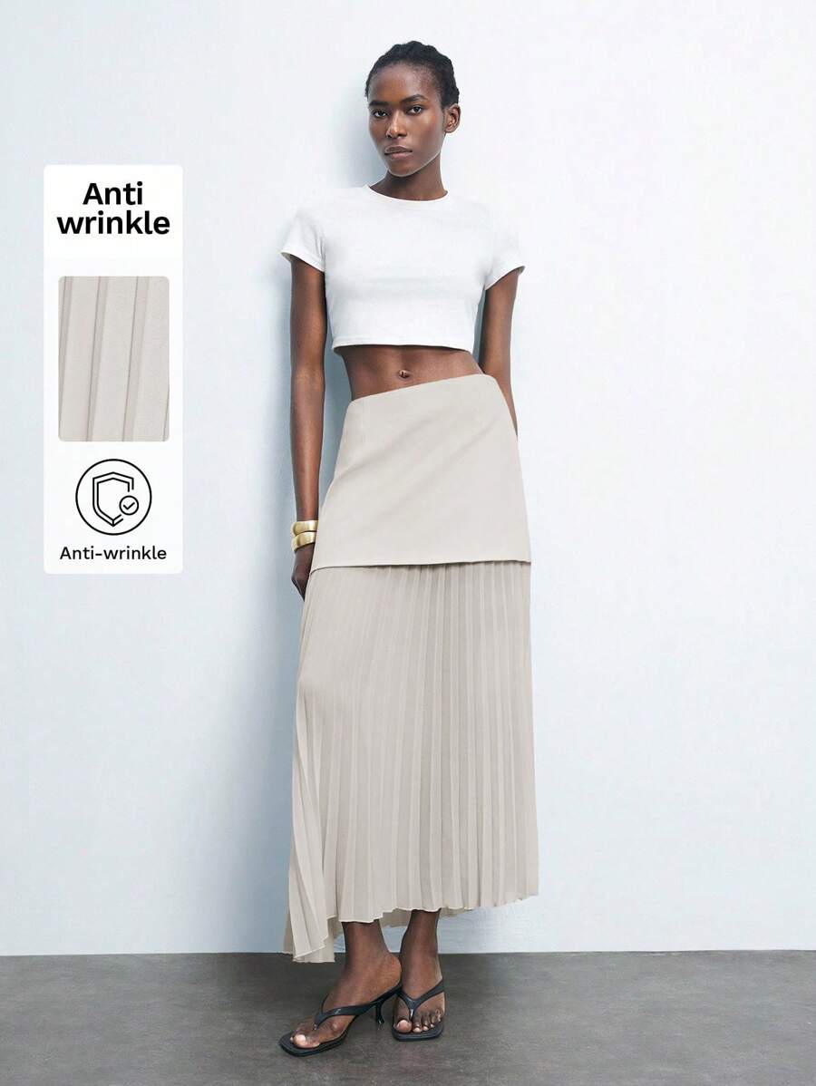 Maija 女款黑色雪纺百褶裙，优雅都市时尚，二合一设计，TR雪纺百褶细节，A字迷你短裙，时尚百搭，2025秋季商务休闲女装，办公室装，低调老钱风，轻松气质，高端都市通勤，杂志主编同款，都市社交度假派对装，魅力十足，低调耐看的基础款，百搭不挑人，街头时尚穿搭，咖啡店休闲装 - 杏色 - 查看 1