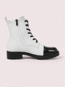 CUCCOO DOLLMOD New Versatile Round Toe Block Heel Patchwork Boots - Black and White - View 9