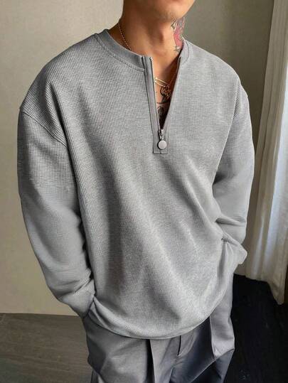 DAZY 男士纯色 1/3 拉链领 T 恤，纹理面料，春/秋