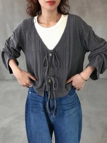 FRIFUL Women's Casual Solid Color Lace-Up Long Sleeve T-Shirt, Spring/Autumn Tie Front Sweater Gray Sweater Knit Top Ribbed Sweater Knitwear