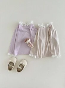 SHEIN 2 件女婴休闲可爱蕾丝设计针织长袖上衣，适合秋冬季日常穿着，百搭 - 彩色 - 查看 5