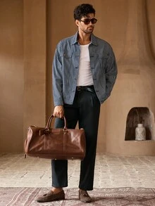 HIMLAND 男士休闲宽松牛仔夹克，条纹翻领和落肩，长袖条纹牛仔衬衫男士条纹夹克，秋季 - 藍色 - 查看 4