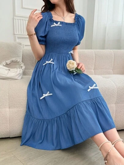 SHEIN Teen Girl Solid Color Puff Sleeve Bow Decor Casual Summer Dress