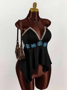 Amplova 亮片蕾丝拼布亮片刺绣图案不对称下摆女式吊带背心 - 棕色 - 查看 3