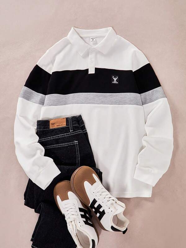 Mirajuku Teenage Boys' Long Sleeve Casual Sports Patchwork Polo T-Shirt Chic Outfits For Autumn/Winter Fall