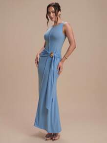 Modelyn Women's Solid Color Pleated Round Neck Fitted Sleeveless Dress - Blue - View 5