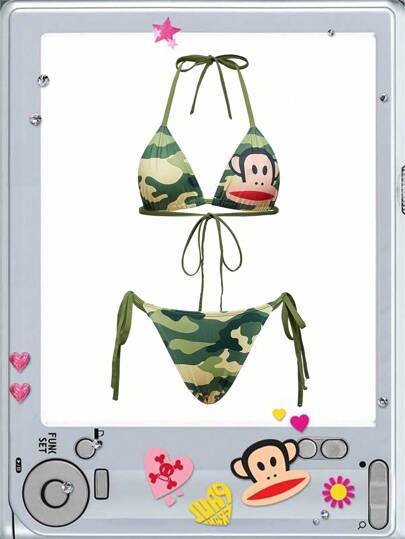 Paul Frank X ROMWE Camouflage & Cartoon Patter Halter Wireless Bra And Panty Set For Women