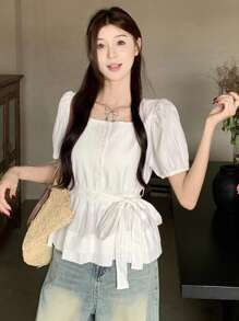 DAZY 女士方领休闲泡泡袖韩版清新休闲短袖衬衫，娃娃装上衣 - 白色 - 查看 3