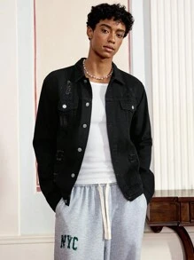 SWAVVY Men's Long Sleeve Distressed Single-Breasted Casual Denim Jacket, Emo Style - Black - View 1