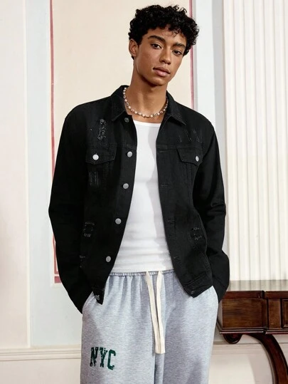 SWAVVY Men's Long Sleeve Distressed Single-Breasted Casual Denim Jacket, Emo Style