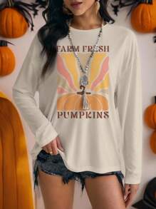 Glamance Lemon Design 女式条纹长袖 T 恤，适合万圣节、秋冬季农场新鲜南瓜衬衫秋季图案 T 恤女式南瓜图案 T 恤长袖图案 T 恤 - 彩色 - 查看 3