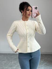 Selianne Autumn Elegant Off-White Soft Cable Knit Cardigan,Korean Style Single-Breasted Waist Cinched Ruffle Button Front Top,Minimalist Loose Brunch Sweater - Beige - View 2