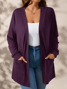 SHEIN Clasi Jaket Rajut Ungu Tua Lengan Panjang dengan Kantong, Ukuran Besar, Pakaian Musim Gugur untuk Wanita - Red Violet - View 3