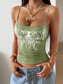 StreetHx Streetwear 女款 Y2K 休闲蝴蝶图案吊带背心 - 綠色 - 查看 1