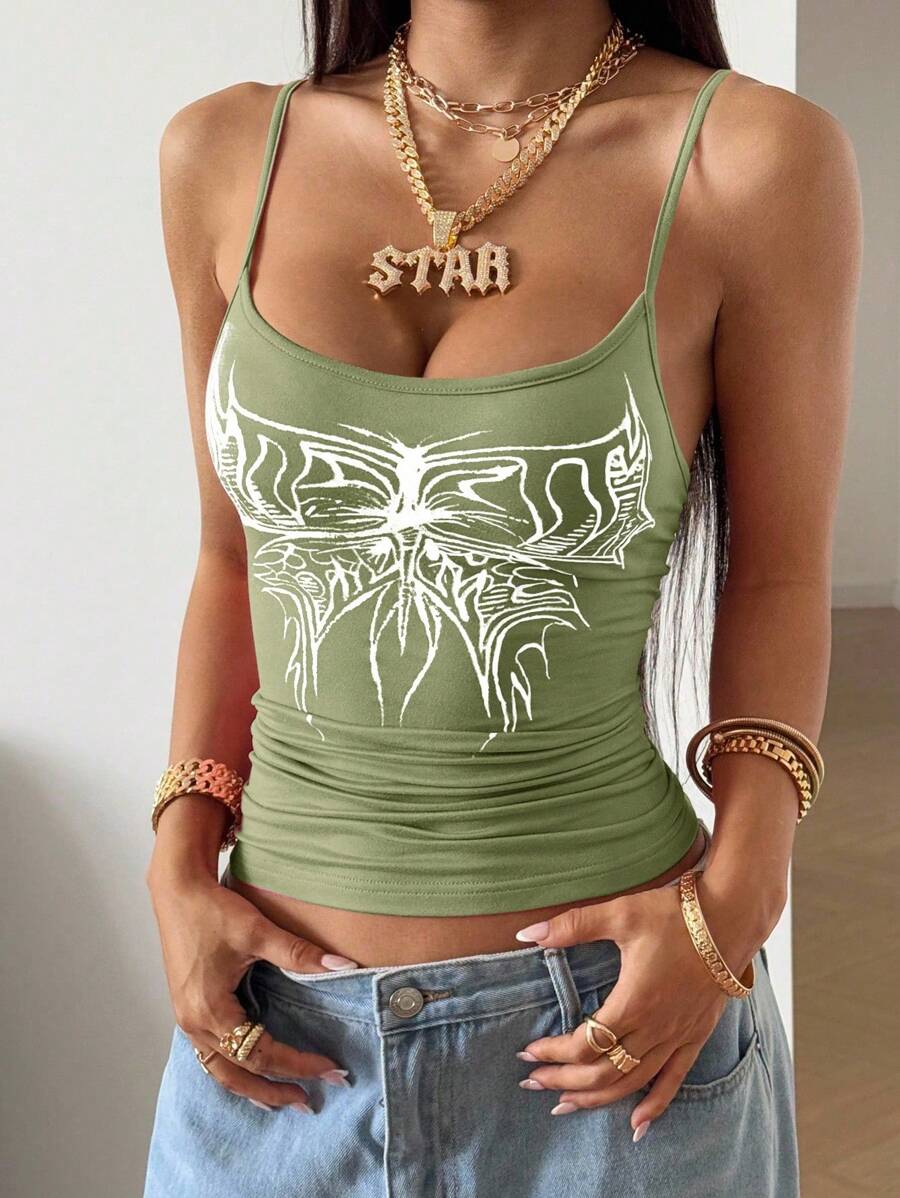 StreetHx Streetwear 女款 Y2K 休闲蝴蝶图案吊带背心 - 綠色 - 查看 1