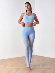 Menodora SHEIN Sport 女式纯色短款背心和网眼拼布紧身裤运动套装