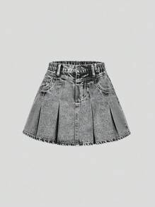 SHEIN Tween Girls Vintage Washed Denim Fashionable Versatile Comfortable Casual Minimalist Elastic Waist Pleated Denim Skirt
