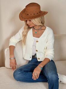 LanaWest Cárdigan de hombros caídos de punto acanalado - Albaricoque - Ver 6