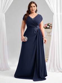 Coutiva Abito lungo elegante da madre della sposa con scollo a V, taglie comode - Blu Navy - Visualizzare 5