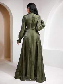 Veilorie 女士纯色立领长袖束腰优雅连衣裙 - 橄欖綠 - 查看 4