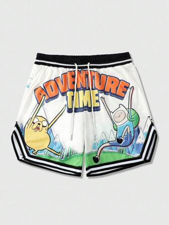 Adventure Time X ROMWE Pantalones cortos casuales de verano para hombres con cordón en la cintura y estampado de letras y dibujos animados