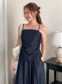 DAZY Elegant Adjustable Strap Tank Top & Ruched Mini Skirt Denim Suit For Women, Summer Vacation Outfits Women - Dark Wash - View 8
