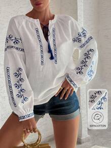 100%Cotton Linen Quality, Embroidery Detailed Balloon Sleeve Premium Quality Blouse - White - View 1