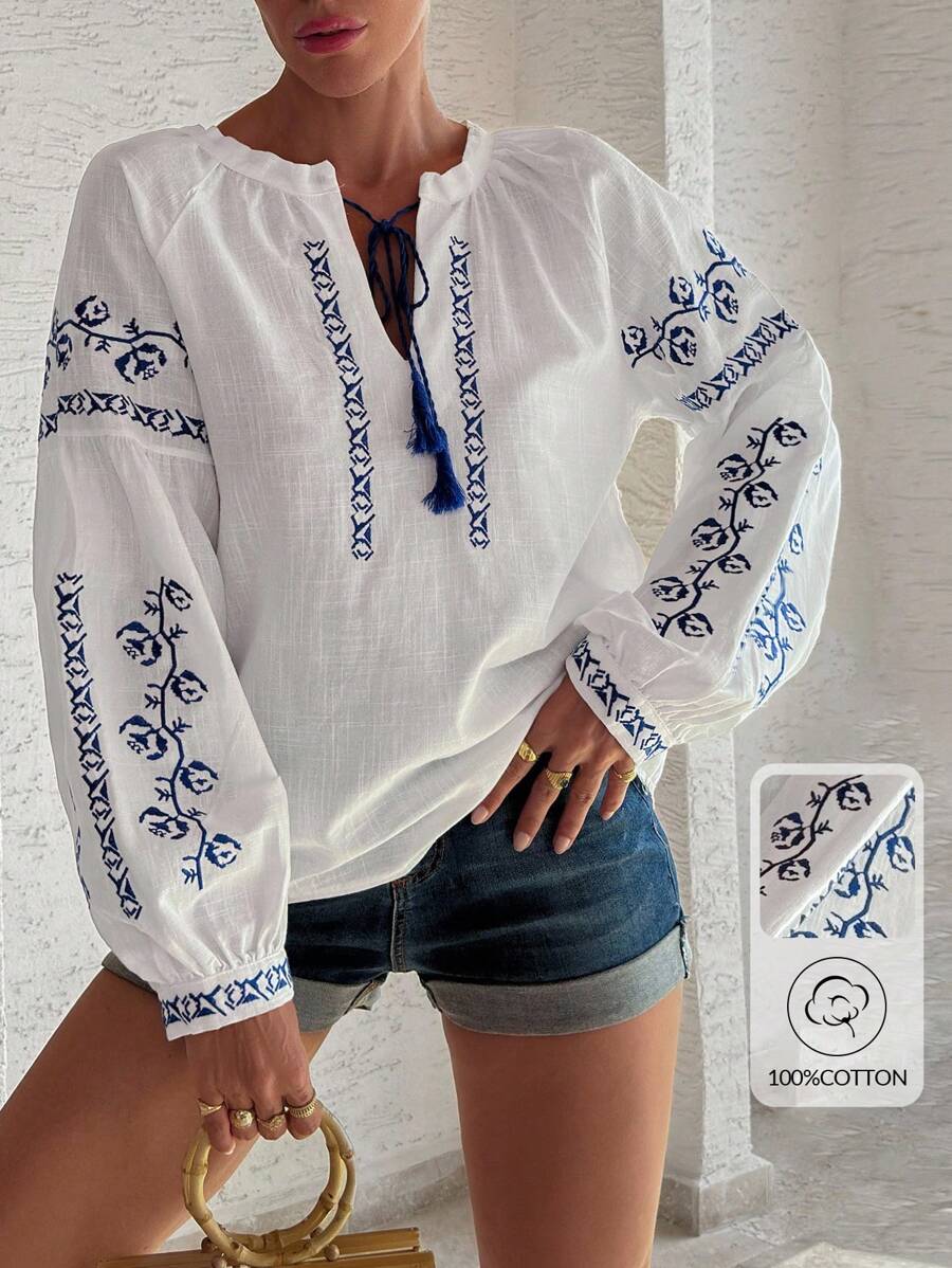 100%Cotton Linen Quality, Embroidery Detailed Balloon Sleeve Premium Quality Blouse - White - View 1