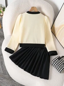 青少年女孩蝴蝶结装饰泡泡袖纽扣上衣和褶皱迷你裙套装 - 黑色 - 查看 2