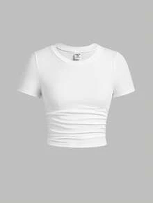SHEIN Girlism Teen Girl Ribbed Ruched Short Sleeve T-Shirt & Ruched Pocket Pants 2 Pieces Casual Set Girld Outfit Set Clothes Set Outfit Girls Outfits - Light Grey - View 3