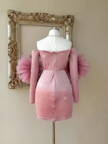 SHEIN Belle Elegante y hermoso vestido de manga larga con decoración de flor tridimensional personalizada, cubierta de cadera, con hombro descubierto y capas de malla exagerada con brillantes rosas en estilo loto, adecuado para fiesta de gala, fiesta de compromiso, cóctel, graduación, cena y baile de promoción - Rosa vieja - Ver 2