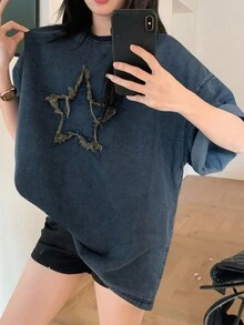 DAZY Women's Summer Round Neck Short Sleeve 3D Star Decor Loose Denim Casual Blouse - Dark Wash - View 3