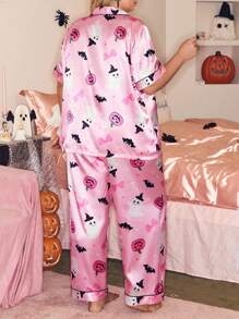 SHEIN Cute Pink Satin Plus Size Pajama Set With Textured Pattern And Lapel Neckline, For Halloween - Multicolor - View 2
