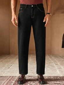 Manfinity NXTstreet Men's Casual Five-Pointed Star Pattern Slim Tapered Black Jeans, Old Money