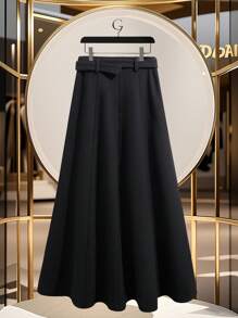 Lyxana Saia Elegante de Cor Sólida Feminina, Adequada para Uso Diário - Preto - Visão 2