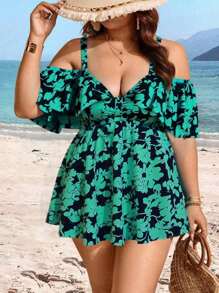 Swim Lushoire Plus Size Random Print Off Shoulder Adjustable Strap 2 Pieces Modest & Fashionable Tankini Swimsuit For Summer Beach Vacation - Green - View 1