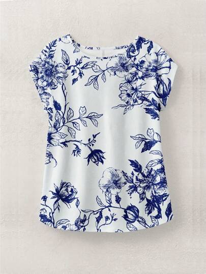 Rusticease Blusa de mujer de cuello redondo con estampado minimalista casual de flores y ramas en azul y blanco, adecuada para el verano