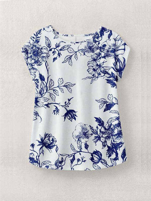 Rusticease Blusa de mujer de cuello redondo con estampado minimalista casual de flores y ramas en azul y blanco, adecuada para el verano