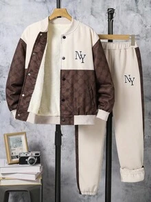 SHEIN 2pcs Tween Boys Printed Jacket And Pants Set, Casual Outfit Fall Winter - Coffee Brown - View 7