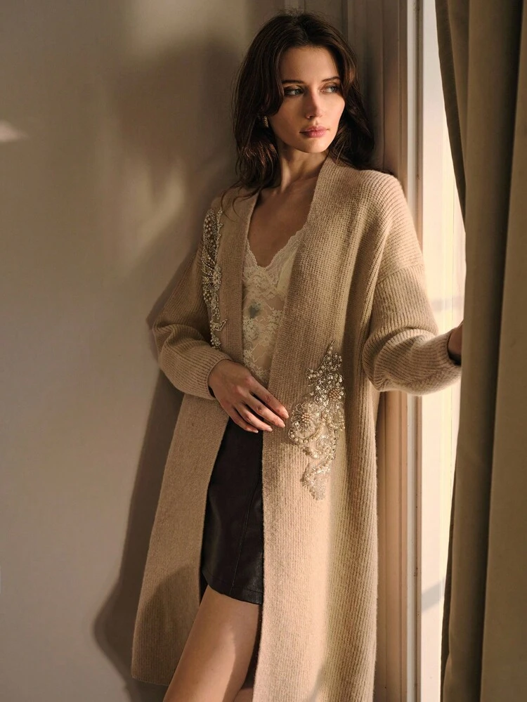 EMBROIDERY FAUX PEARL DETAIL CARDIGAN
